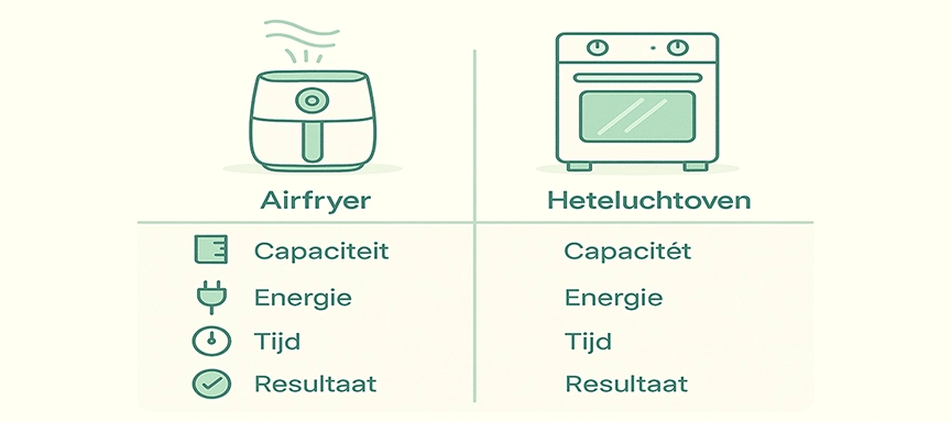 Tabel met vergelijking tussen airfryer en heteluchtoven